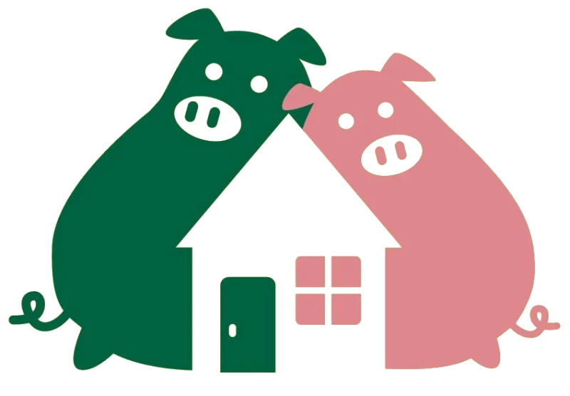 空き家相談を表す二匹の豚と家のイラスト